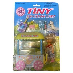 VTG 1990s 4” Lil Kidz Tiny Food Cart Ice Cream Shop W/ Accessory Pieces & Doll